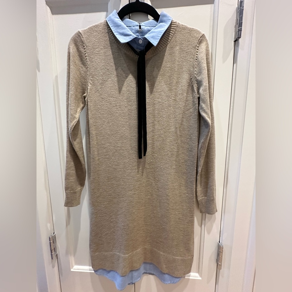 English Factory Beige Sweater Dress with Blue Collar